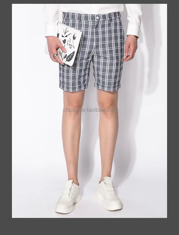 Chuan Ze cotton và linen mỏng phù hợp với quần short nam 2019 Xia Yinglun gió xám kẻ sọc thời trang quần âu - Suit phù hợp