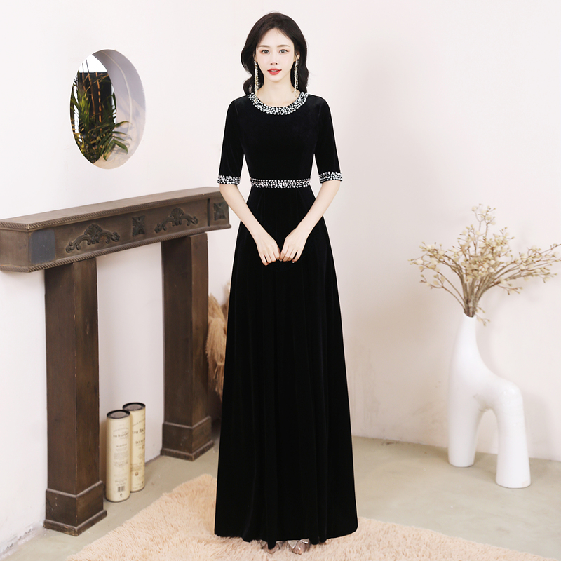 Black Velvet Choir Performance Dress, Conductor Runway Show Vocal Arts Exam Host Long Elegant Slimming Gown