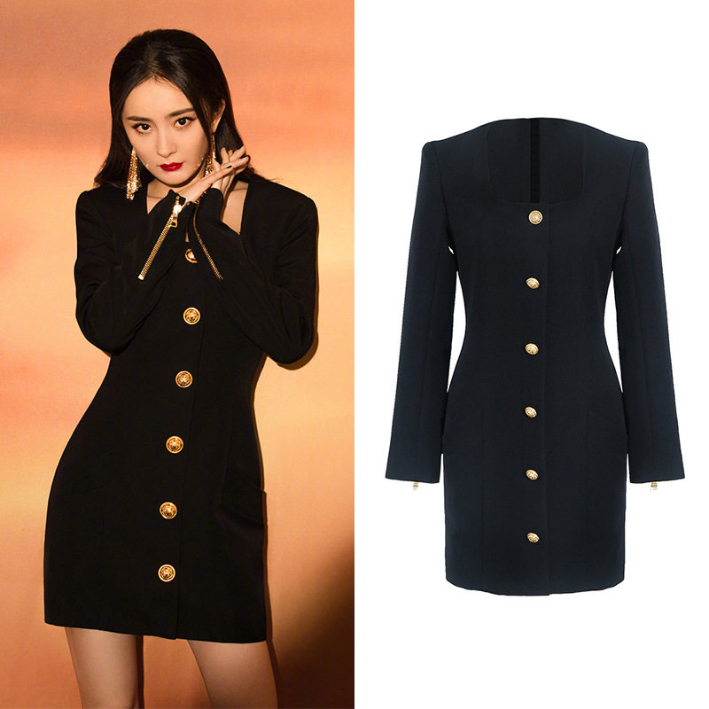 MajeKoce Yang Mi with the same high-end dress mid-length version of slim and sexy temperament black suit skirt Hepburn style