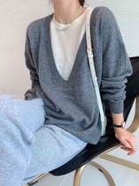 Maje Koce2022 spring new long-sleeved wool knitted sweater womens folded color-blocking large U-neck sweater two-piece set