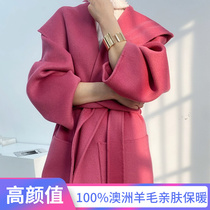 Maje Koce double-faced cashmere coat womens rose red high-end hooded lace-up mid-length wool wool coat