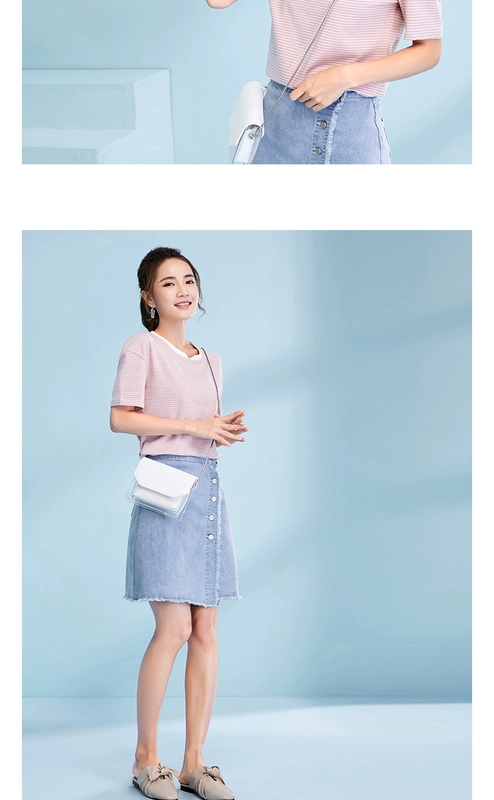 Ai Lu Si Ting 2019 hè mới Hàn Quốc phối màu áo thun cổ chữ V nhỏ sơ mi sọc mỏng áo thun nữ tay ngắn cổ tròn áo thun tay lỡ