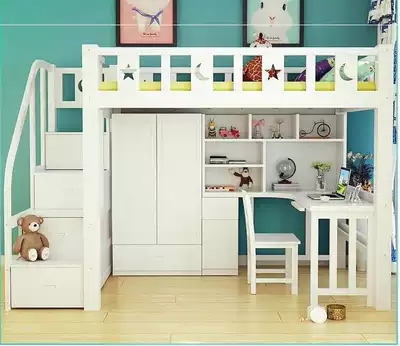 Solid Wood elevated bed adult multi-functional combination bed table with double-layer children's high and low bed table saving space