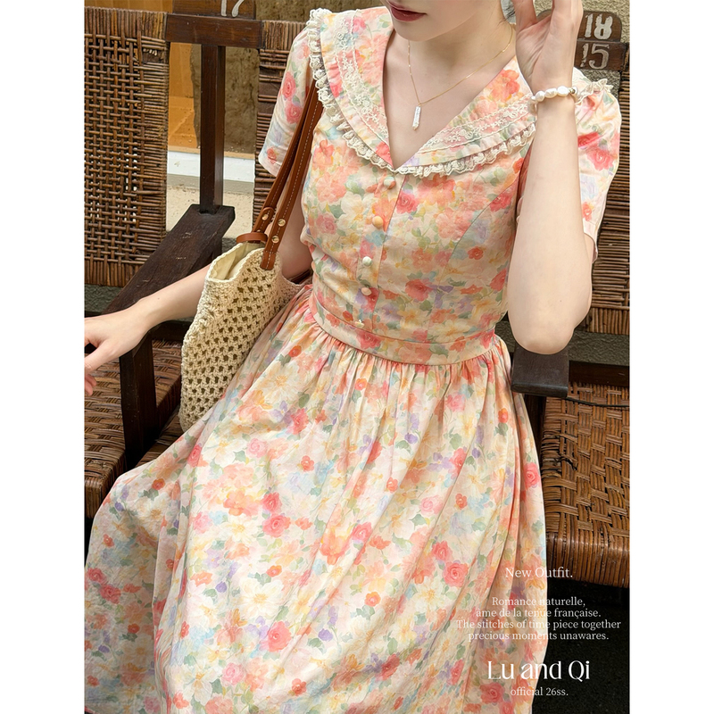Deer and Qi Rose Language of Flowers French Retro Watercolor Oil Painting Lace Dress for Women Summer Gradient Beautiful Dress Deer and Qi Rose Language of Flowers French Retro Watercolor Oil Painting Lace Dress for Women Summer Gradient Beautiful Dress