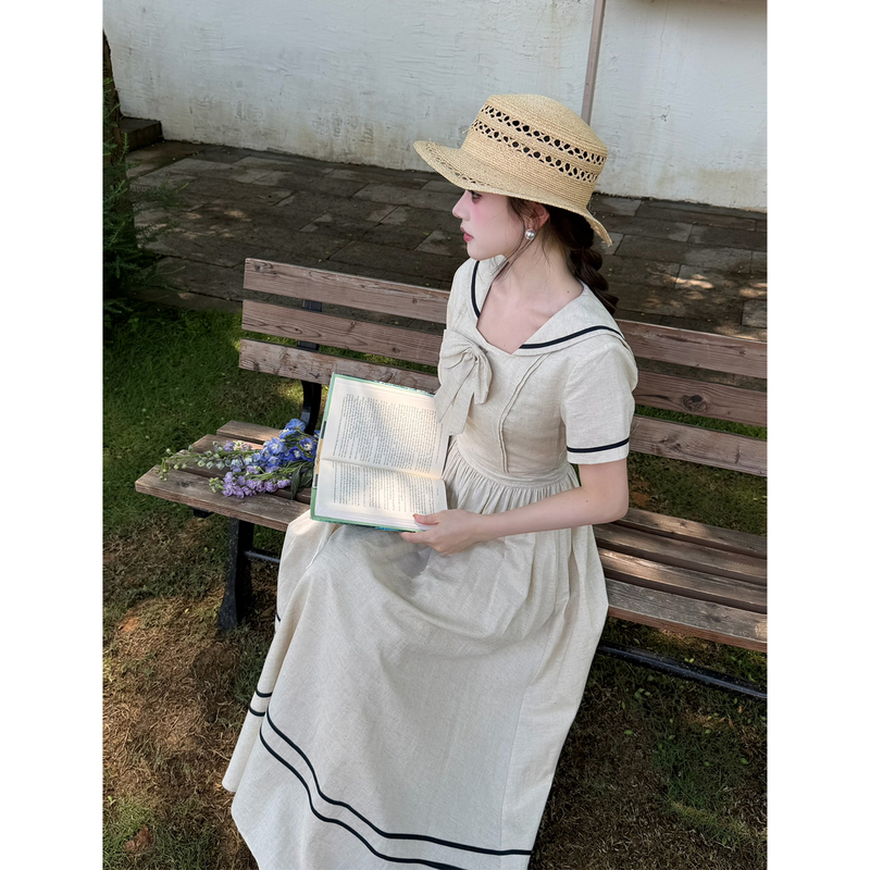 Lu Heqi French Retro Preppy Style Sailor Collar Bow Dress Long Skirt for Women Summer Cinched Waist Long Skirt