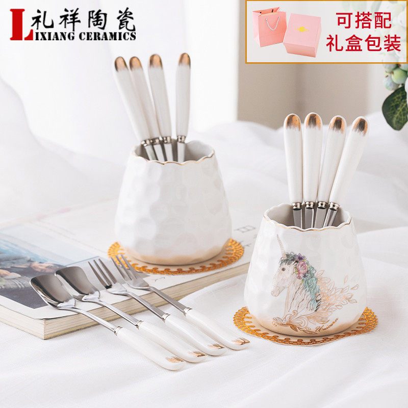 Creative fashion fruit fork set cute home ceramic stainless steel small fork spoon cake fork dessert spoon fruit fork