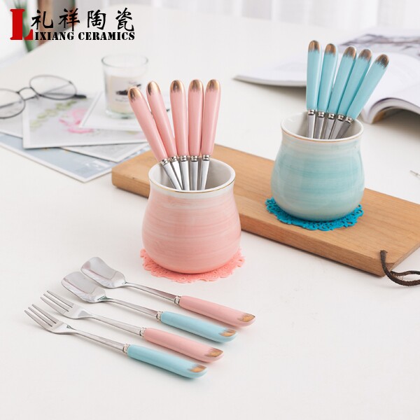 Fruit fork suit creative fashion ceramic handle stainless steel fork spoon household dessert spoon cake fork fruit label