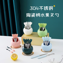 Creative high-end 304 stainless steel fruit fork light luxury home dessert small fork spoon cake dessert small fork set