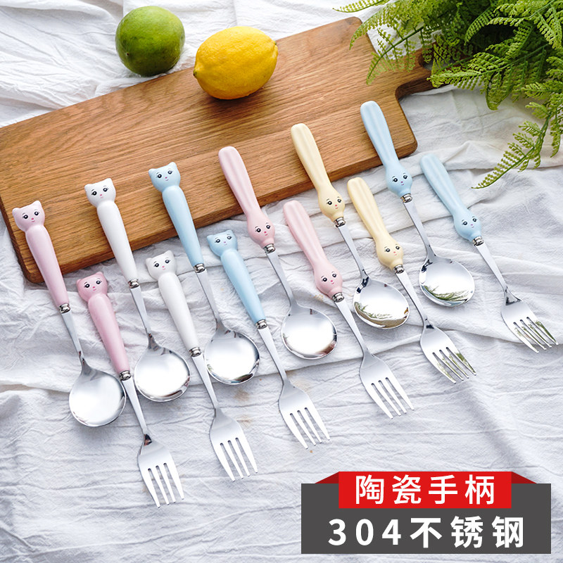 Cartoon stainless steel fruit spoon ceramic long handle dessert fork spoon household cake fork children spoon spoon spoon
