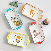 Microwave oven Japanese ceramic plate binaural baking bowl cartoon cheese baked rice baking tray oven household rectangle