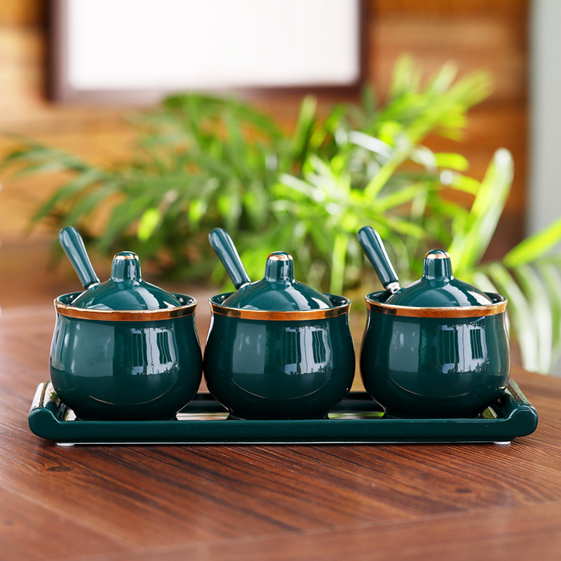 European ceramic seasoning box home flavor combination suit condiment bottles of salt pot kitchen seasoning box of 3 times