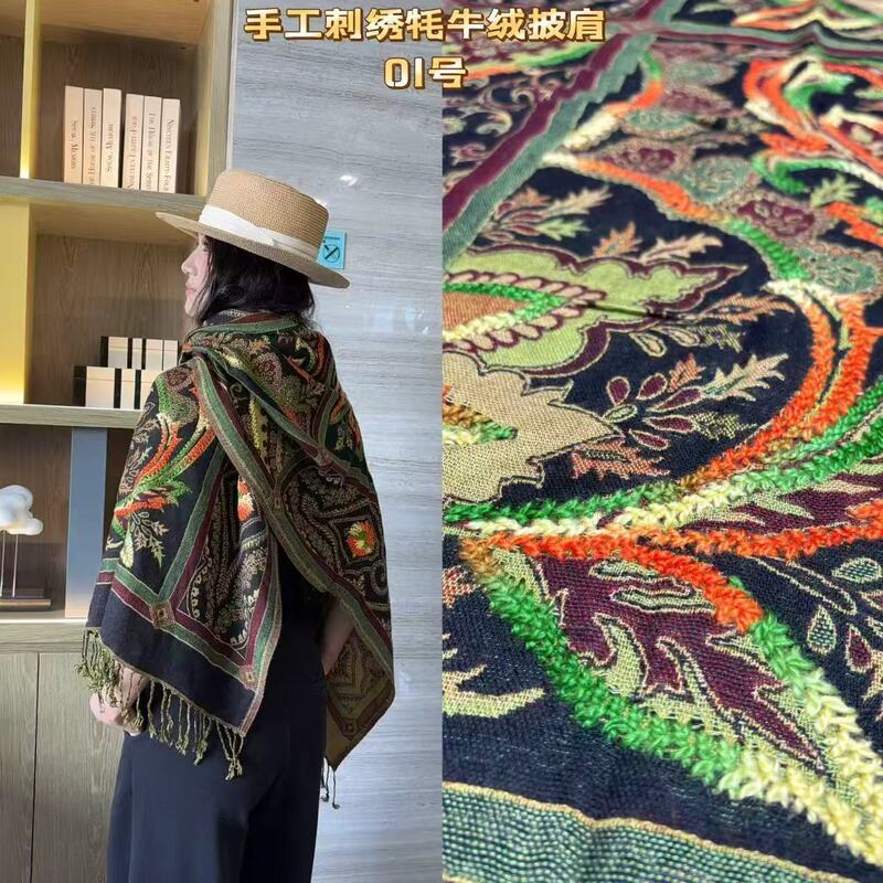 Hand-Embroidered Yak Wool Shawl for Women, Spring and Summer Printed Tassel Versatile Bohemian Style Scarf