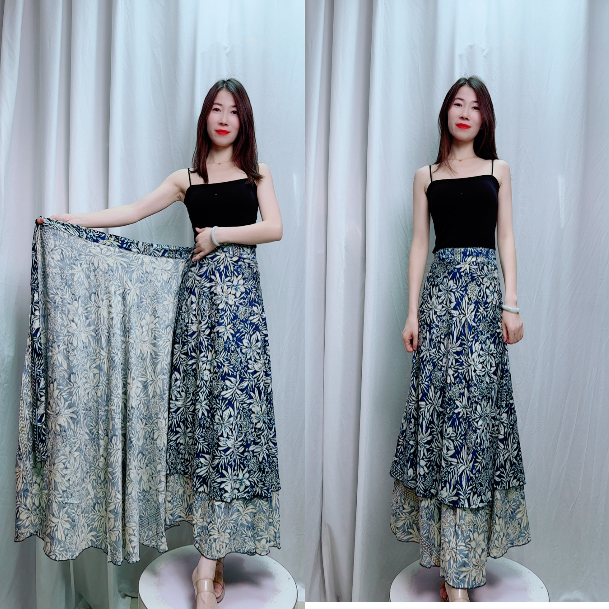 カヤワンピースヘビープラントシルクダブルレイヤーシルクラップスカートネパールシルクホリデードレープスリムスカート