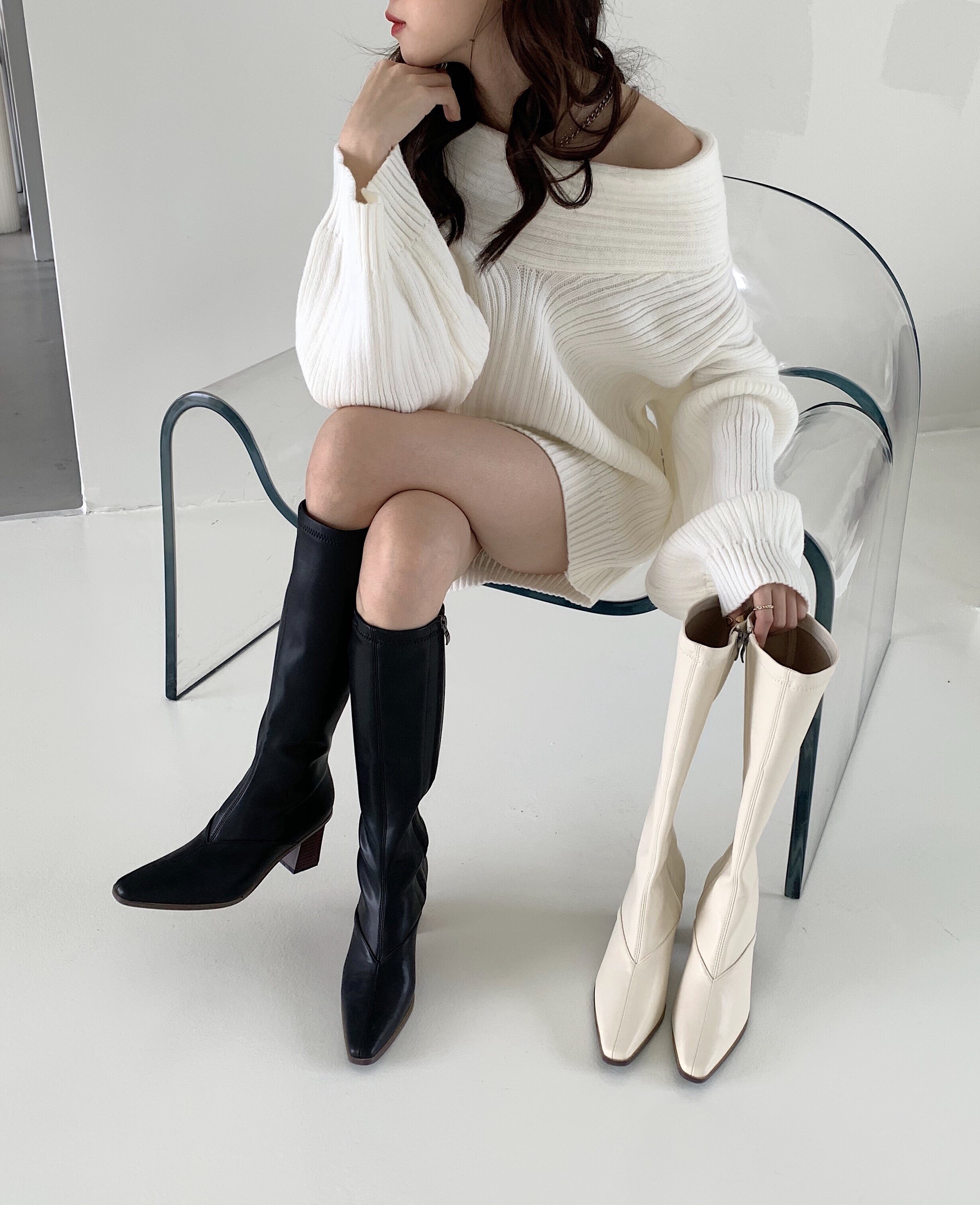 粗跟高跟弹力长靴女