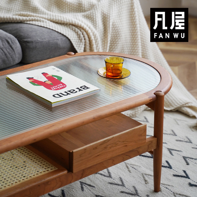 Fanwu furniture Oxygen coffee table Solid wood cherry wood glass rattan storage Japanese-style Nordic small apartment logs