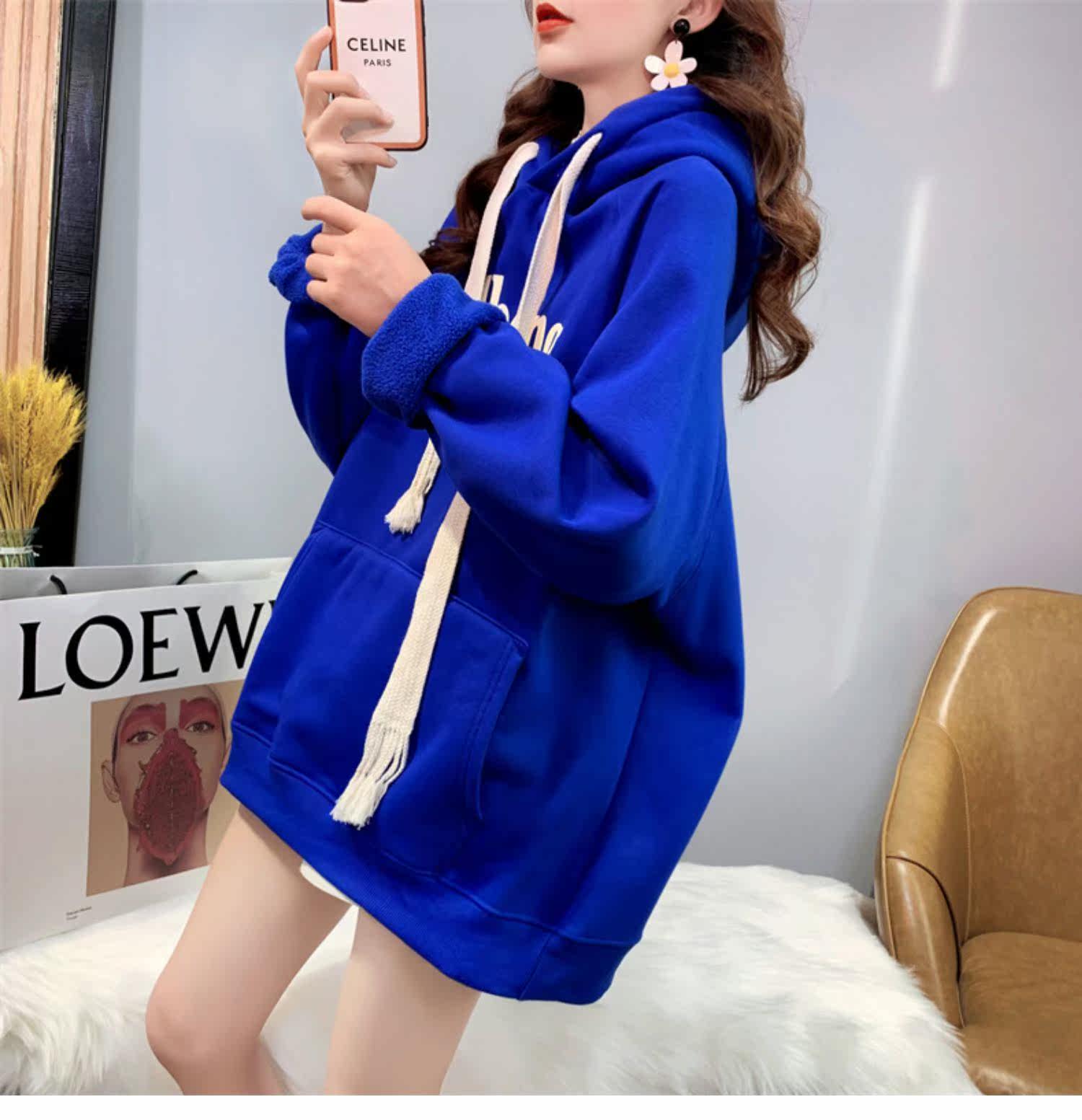 Лён 潮牌新款春秋冬宽松爆款字母连帽时尚外套克莱因蓝加绒加厚卫衣服