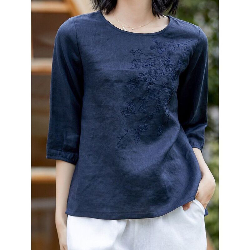 Linen T-Shirt for Women 2026 Summer Vintage Artistic Embroidery High-End Elegant Thin Loose Five-Quarter Sleeve Cotton-Linen Top