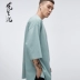 Hoa 笙 phong cách Trung Quốc ánh sáng thủy triều sang trọng in thương hiệu dài tay áo t-shirt nam loose couple hip hop đường phố khiêu vũ T-Shirt mùa hè Áo phông dài