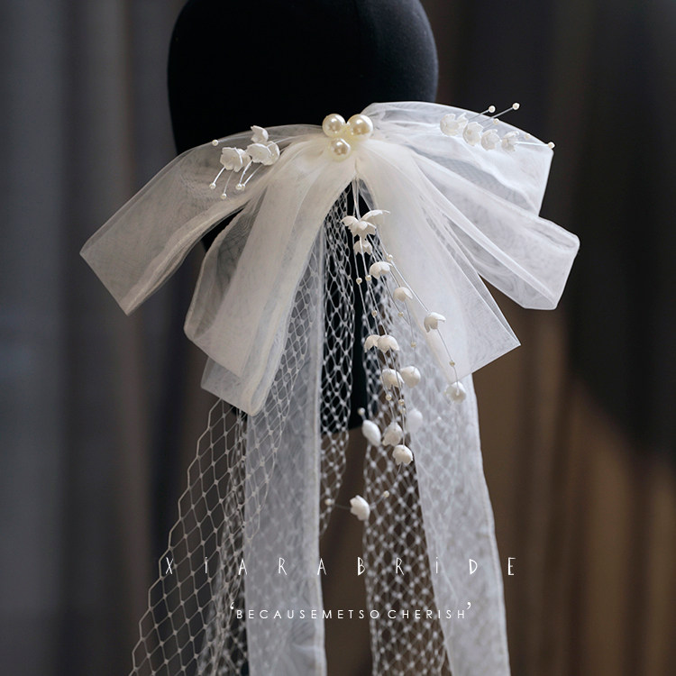 Xianmei new Korean style lily of the valley small flower bow hair clip veil super fairy wedding bridal hair accessories wedding dress accessories