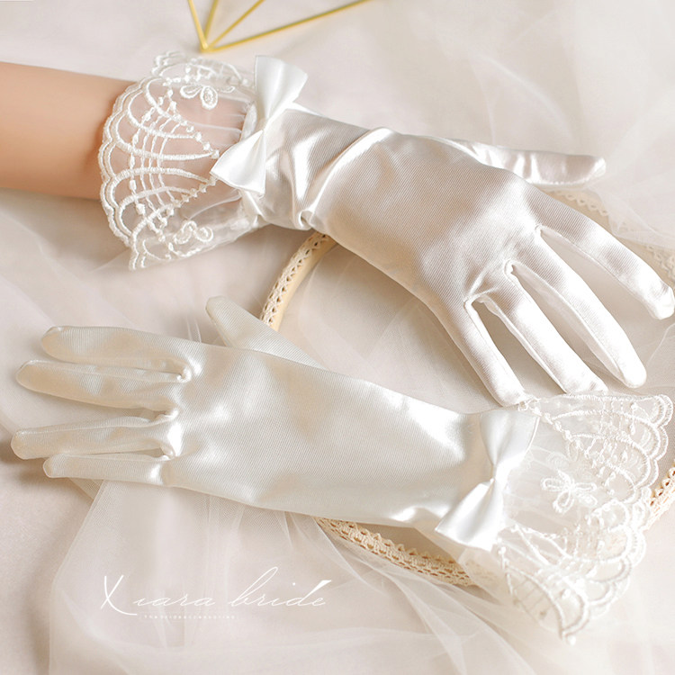 Fashion Han Style Sweets Bridal Bridal Wedding Dresses Lace Gown Gloves Lace Butterfly Knot White Elastic All Finger Gloves