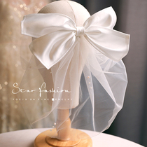 High-grade satin handmade bow veil veil bridal wedding dress accessories studio photography with makeup