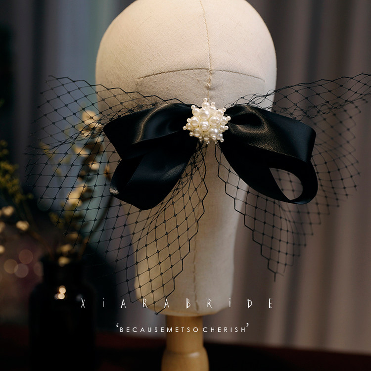 New Korean Style Original Handmade Travel Hair Accessories Black Bow Pearl Mesh Evening Dress Prom Hairpin Jewelry