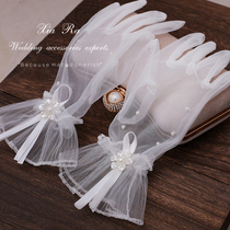 Super fairy tulle wooden ear bridal wedding dress handmade pearl white yarn photo translucent short studio gloves
