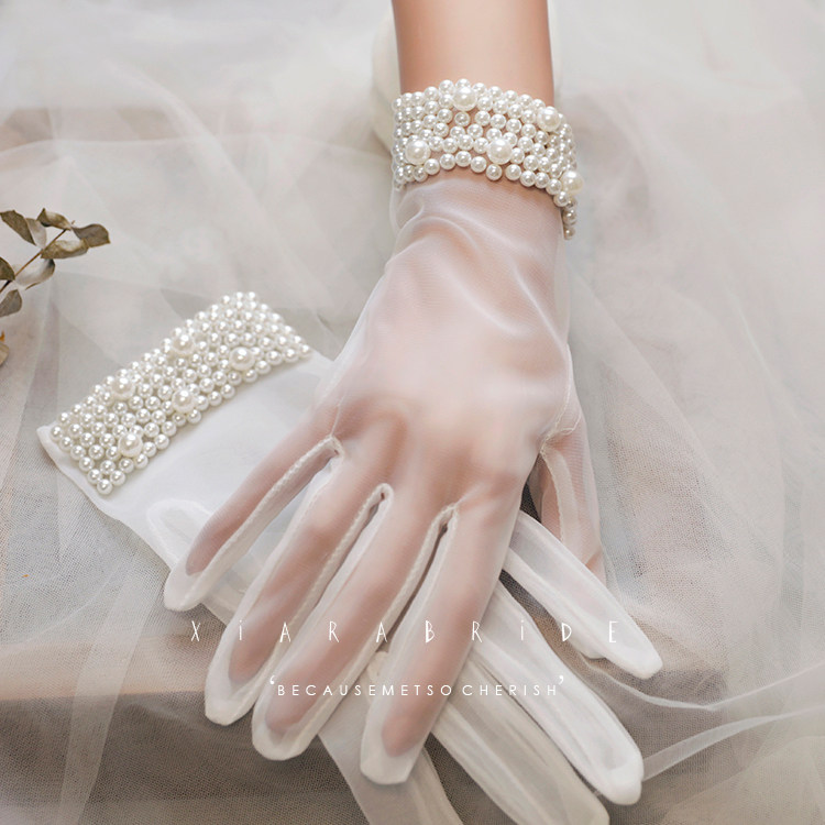 New bride gloves white female spring and autumn photo Korean wedding dress Xymi Pearl Wedding gloves