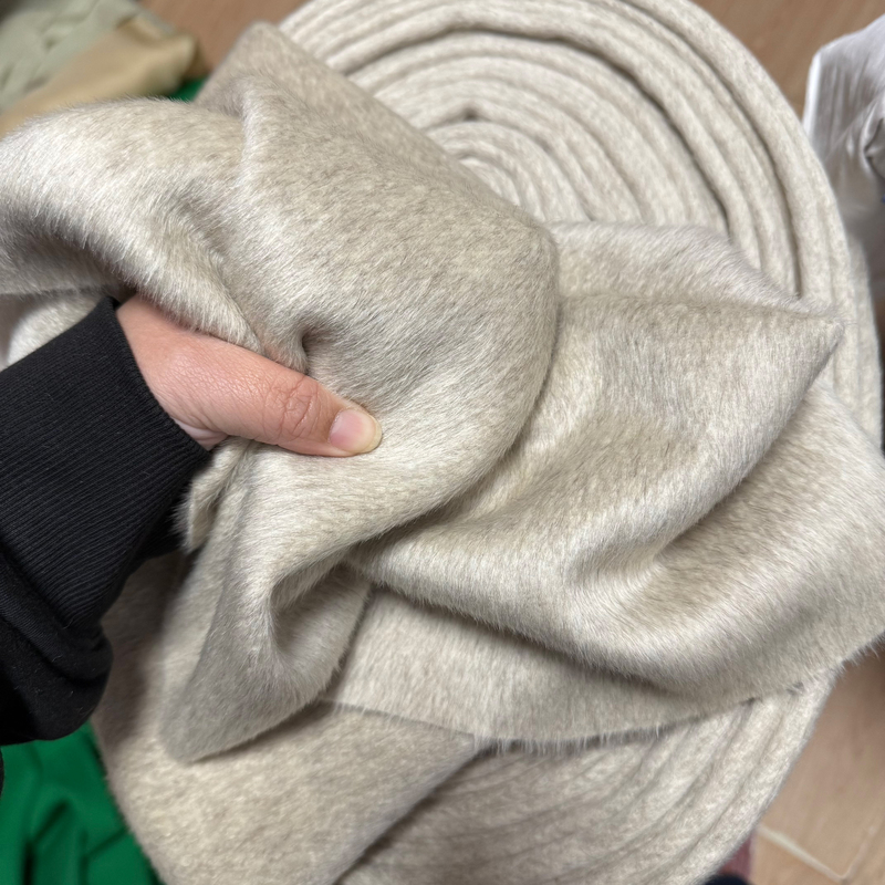 Soft and Smooth Double-Sided Silk Camel Velvet Fabric, Cashmere Wool Coat Fabric, Mixed Oatmeal Gray