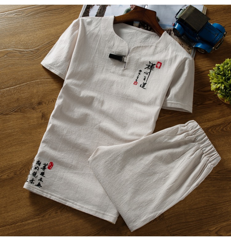 Trang phục dân tộc mùa hè cotton T-Shirt quần short cotton thể thao phù hợp với kích thước lớn Trung Quốc thêu phần mỏng quần áo