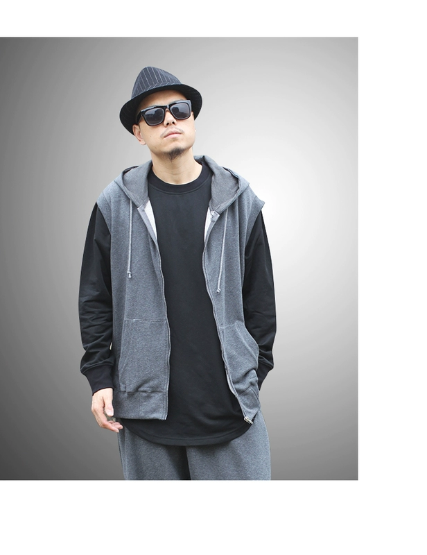 Mùa xuân và mùa thu hip hop áo vest thể thao tăng chất béo vest nam giản dị mũ rộng vành áo len trùm đầu