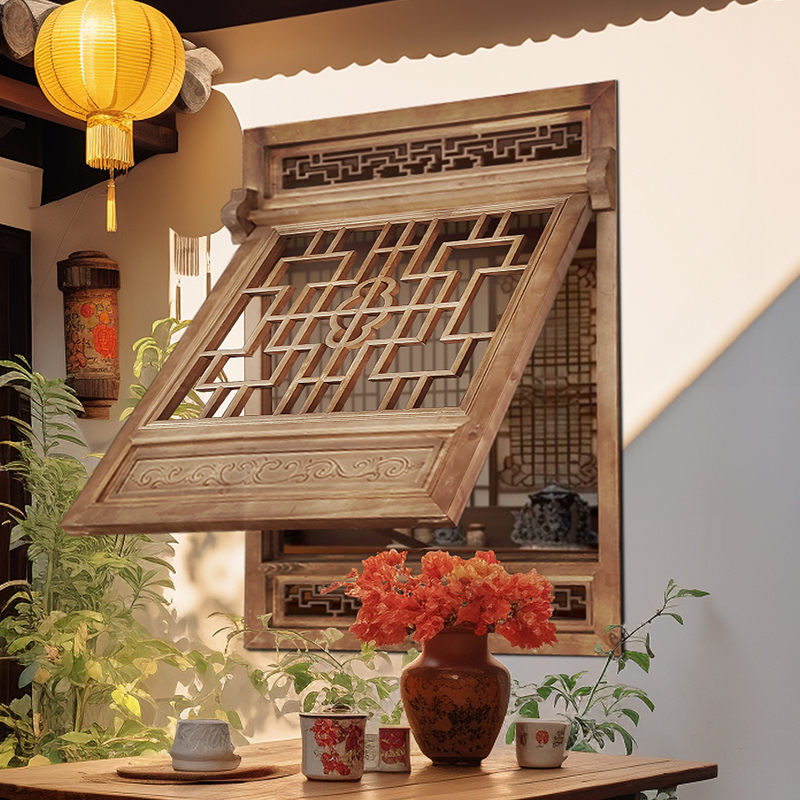 Solid Wood Lattice Windows, Antique-Style Doors and Windows, Flip-Up Chinese-Style Windows, Distressed Sliding Windows, Hollow-Out Retro-Style Tea Room Wood Carvings