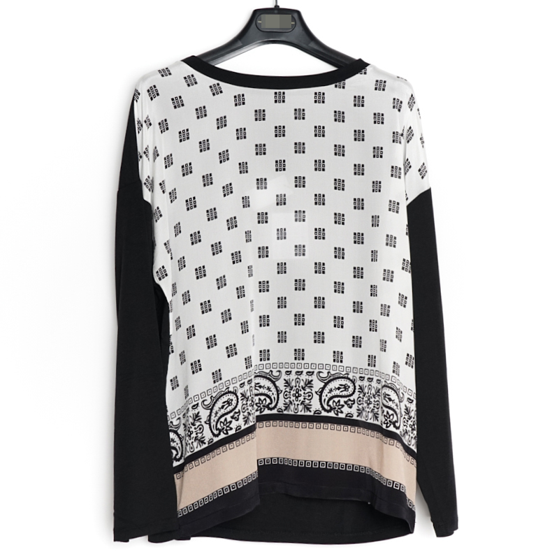 Weekend Italian m Brand Exotic Central Asian Style Printed Silk Crepe Patchwork Round Neck Long Sleeve Women's Shirt