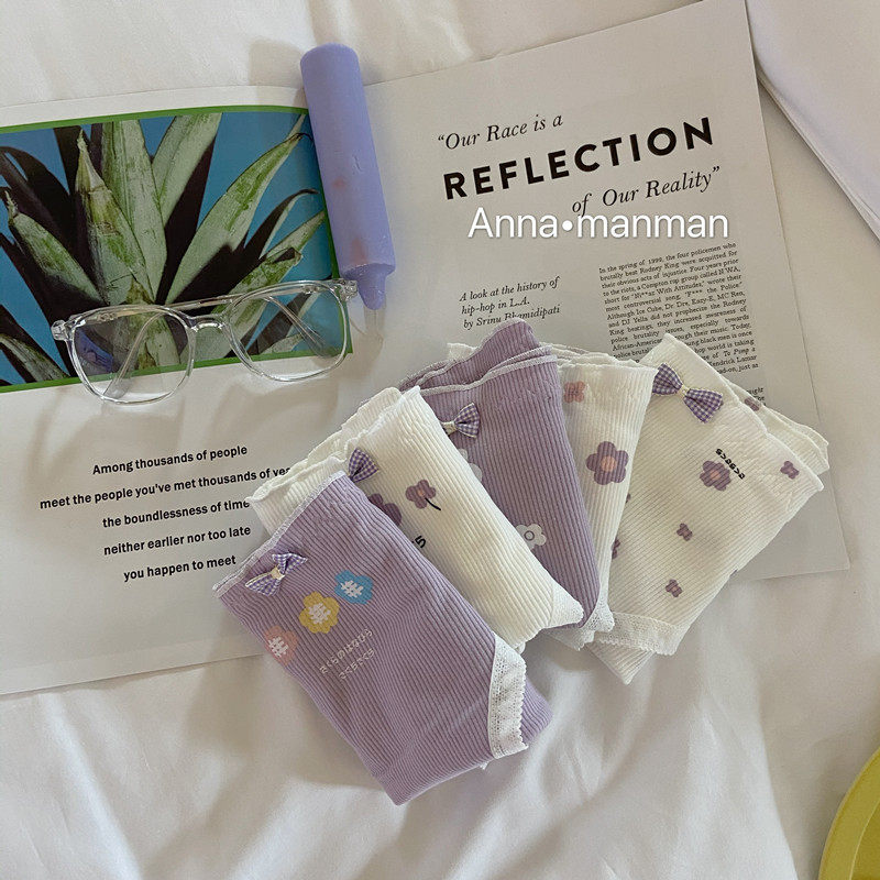 5-pack Rose Love Smoked Purple Hyuna Small Flowers Comfortable Cotton Edge Mid Waist Women's Briefs