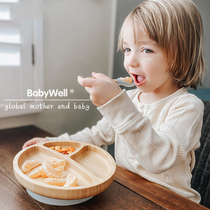 American Avanchy baby bamboo bowl tableware baby food supplement bowl anti-fall partition wooden childrens sucker plate