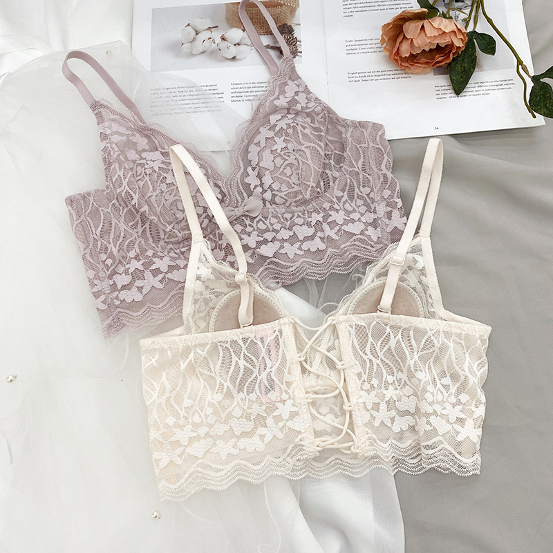 French lace beauty belt bra, small chest sweet thin crystal cup comfortable sexy latex lingerie suit