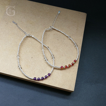 (G accessories) original design 925 silver beads natural amethyst watermelon Crystal anklet fashion wild summer
