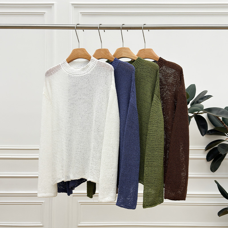 Japanese Paper Yarn Long-Sleeved Round-Neck Hollow-Out Knit Sweater, Same Style as Luxury Brands, Wrinkle-Resistant and Non-Deformable, Breathable and Relaxed Feel~ Japanese Paper Yarn Long-Sleeved Round-Neck Hollow-Out Knit Sweater, Same Style as Luxury Brands, Wrinkle-Resistant and Non-Deformable, Breathable and Relaxed Feel~