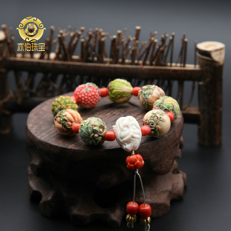 Also Natural Meng Mammoth Ivory Engraving Color Painted Smoky Lotus Eight Precious Fruit Lotus single beads Handmade mini-style