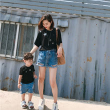 LUSON MOM 2018 gia đình mới được trang bị mùa hè sọc T-Shirt gia đình nhà ba gia đình trang bị mẹ và con