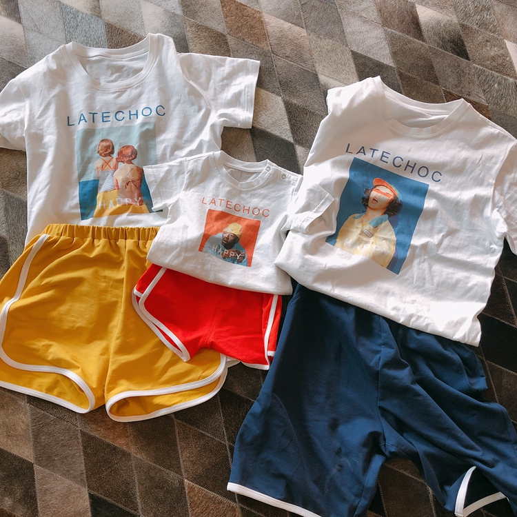 LUSON cha mẹ con mùa hè quần short áo sơ mi nhà dịch vụ gia đình ba gia đình phù hợp với mẹ và con thủy triều áo liền quần cho bé