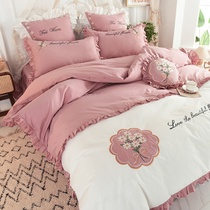 Bed four-piece cotton cotton Princess R wind girl heart ruffle Side Skin Nude sleeping quilt cover bed skirt ins bedding