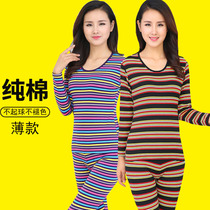 Round Collar Color Strips Autumn Clothes Autumn Pants Womens Pure Cotton Suit Mid-Aged Warm Underwear Thin Loose Mother Cotton Sweatshirt