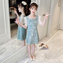 Hong Kong girls dress 2021 summer new childrens foreign style lattice dress children Korean princess skirt tide