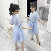 Hong Kong girls dress 2021 new summer dress middle school girl foreign style stripe short sleeve mesh princess dress