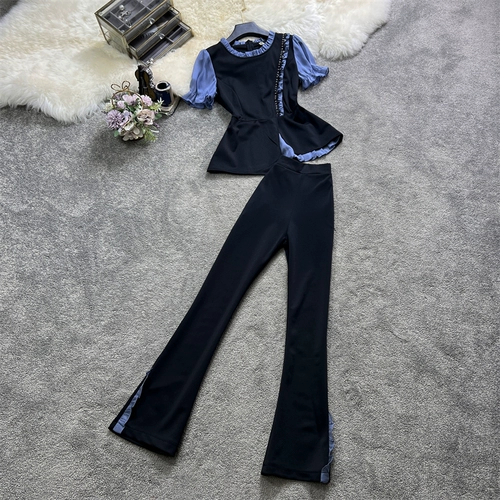 Летние приталенные штаны-клёш, комплект, в западном стиле, высокая талия