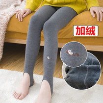 Autumn and winter girls grinding wool plus velvet leggings childrens vertical stripe embroidery pantyhose