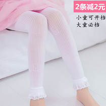 Girls Spring and Autumn Summer lace nine points leggings children thin velvet baby open pants outside wearing middle and big children