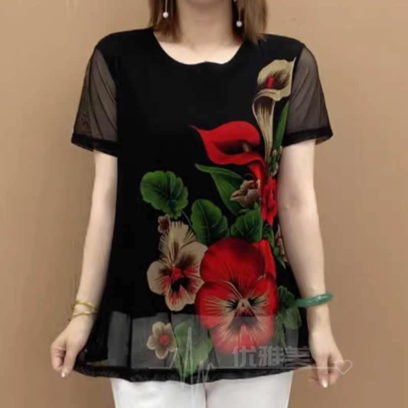 Summer New Style Multi-Color Double-Layer Mesh Short-Sleeve Loose Elastic Oversized Shirt for Women, Age-Reducing and Slimming T-Shirt Top