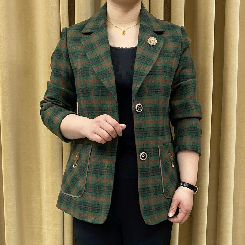 Spring New High-Quality Plaid Blazer for Women, Long-Sleeved High-End Woolen Suit Jacket, Plus Size Mother's Clothing Spring New High-Quality Plaid Blazer for Women, Long-Sleeved High-End Woolen Suit Jacket, Plus Size Mother's Clothing